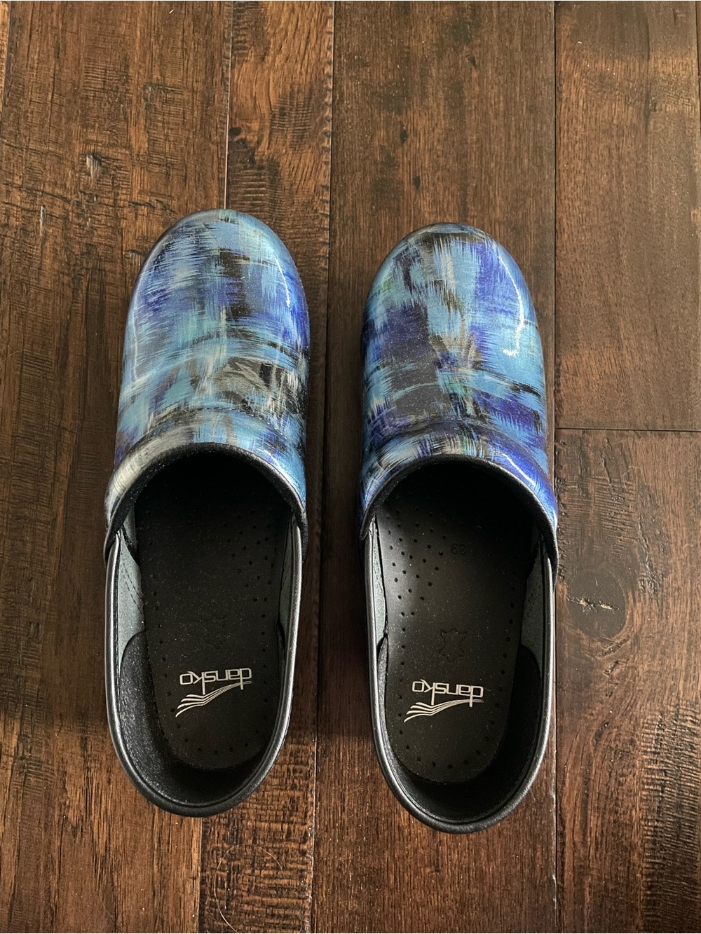 Dansko Blue and Black Brushstroke Clogs